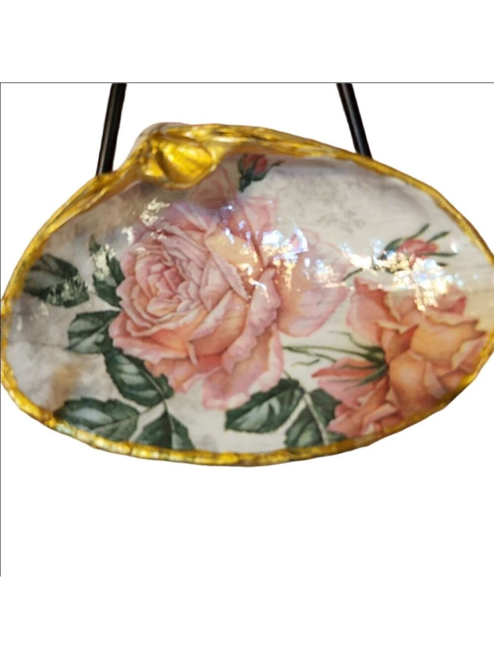 DECOUPAGE CLAM SHELL DECOUPAGE PINK ROSES 🌹 ON A CLAM SHELL TRINKET DISH